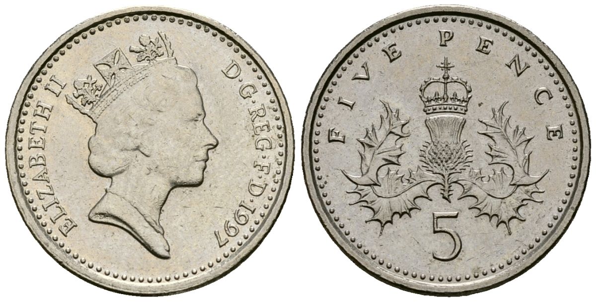 Великобритания 5 пенсов 1997 Елизавета II (1952-2022) KM 937b, Spink 4372 (D4) медно-никель 4173-759