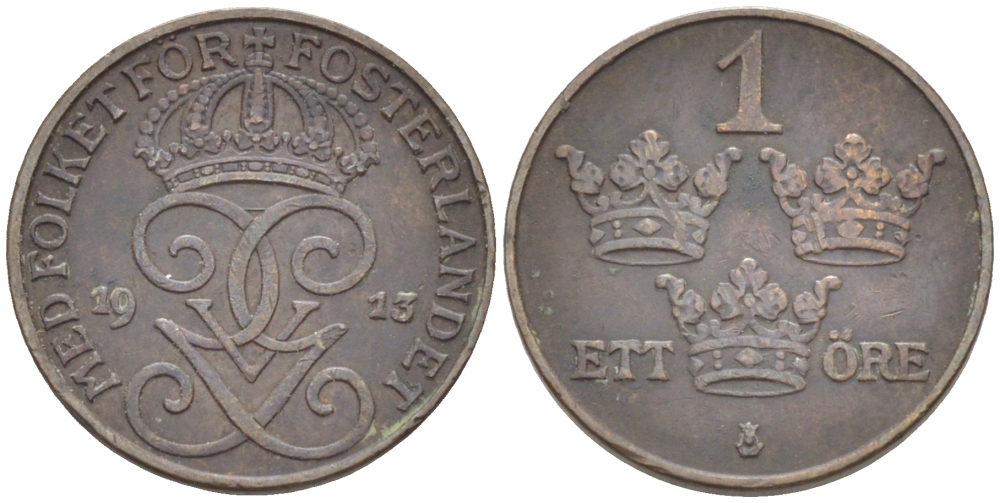 Швеция 1 эре 1913 Густав V (1907-1950), LONG TAILED 9 KM 777.2 бронза 3309-767