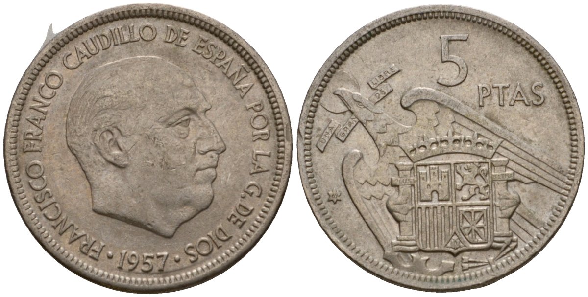 Испания 5 песет 1957 (69) Франсиско Франко (1939-1975) KM 786 медно-никель 186-656