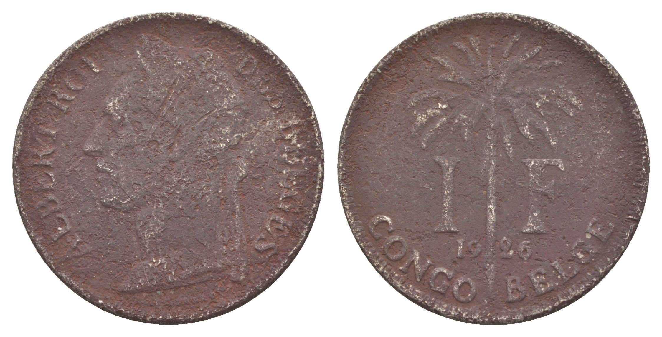 Бельгийское Конго 1 франк 1926 Надпись на французском - 'ALBERT ROI DES BELGES' KM 20 медно-никель 4650-433