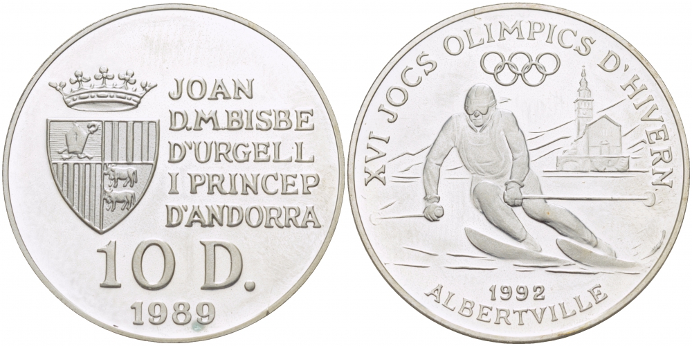 Андорра 10 динеров 1989 XVI зимние Олимпийские игры 1992 В Альбервиле, слалом KM 55 серебро PROOF 00-00
