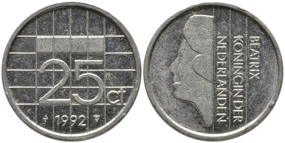 НИДЕРЛАНДЫ 25 ЦЕНТОВ 1992 БЕАТРИКС KM 204 никель 96-1261