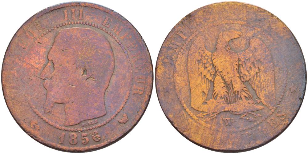 ФРАНЦИЯ 10 САНТИМОВ 1856 W, НАПОЛЕОН III (1852-1870) KM 771.7, LA FRANC 133.38 бронза 4183-1214