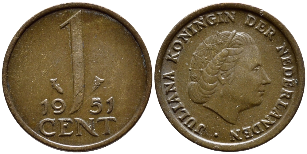 Нидерланды 1 цент 1951 Юлиана (1948-1980) КМ 180 бронза 4392-1353