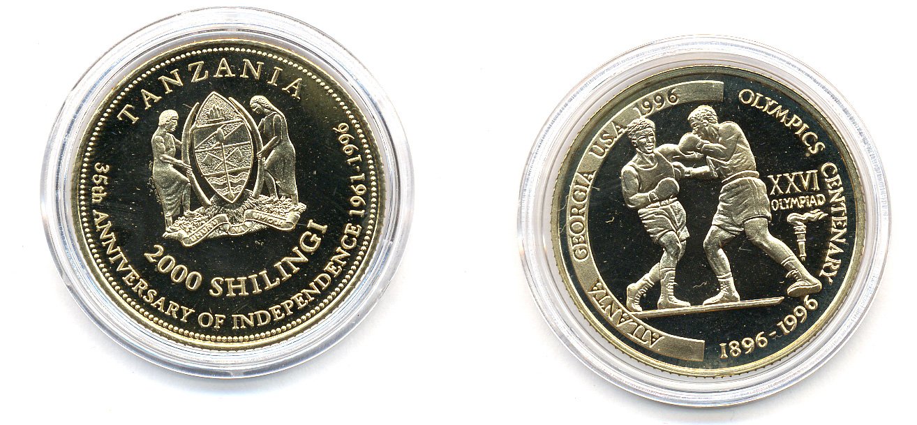 Танзания 2000 шиллингов 1996 XXVI Олимпийские игры 1996 года в Атланте, 100 лет Олимпийскому движению, боксеры, пробник, рубчатый гурт латунь PROOF 06-157-15