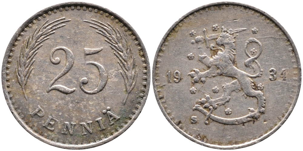 ФИНЛЯНДИЯ 25 ПЕННИ 1934 S KM 25 медно-никель 4387-456