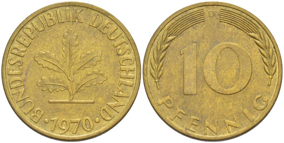 ФРГ 10 ПФЕННИГОВ 1970 D KM 108, J. 383 сталь плакированная латунью 219-436