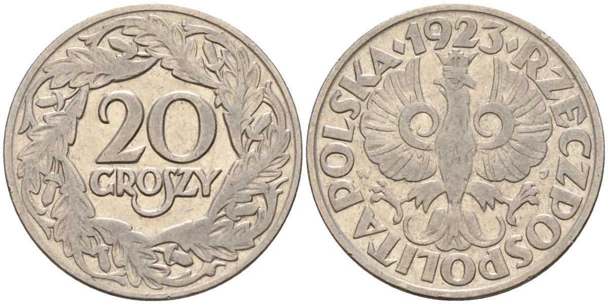 Польша 20 грошей 1923 KM 12 никель 4141-335