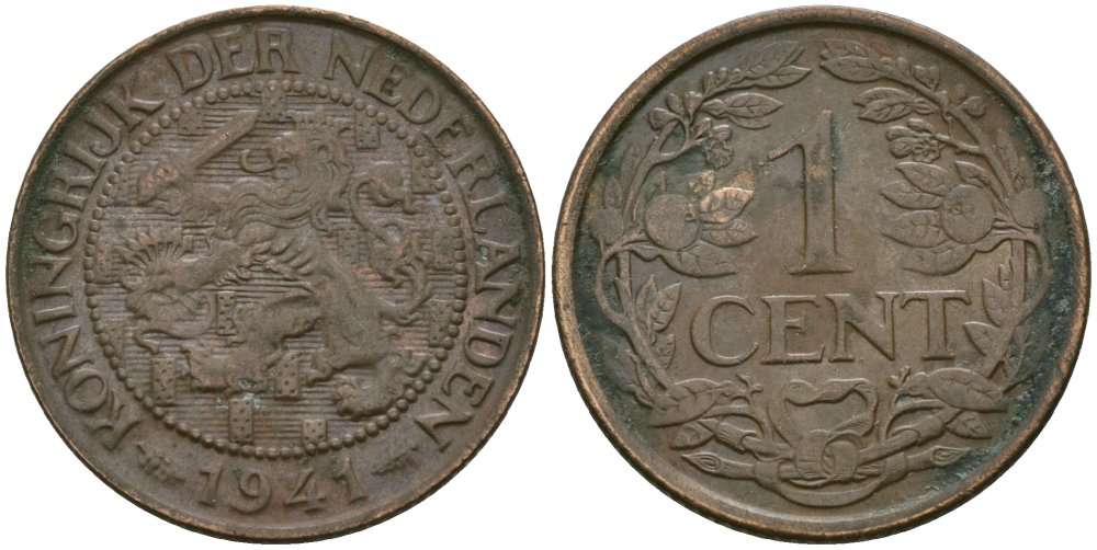 Нидерланды 1 цент 1941 Вильгельмина (1890-1948) KM 152 бронза 4576-1151