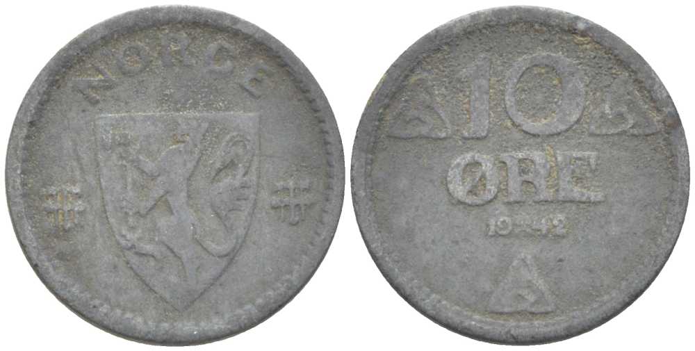 НОРВЕГИЯ 10 ЭРЕ 1942 ХАКОН VII (1905-1957) KM 389 цинк 211-1169