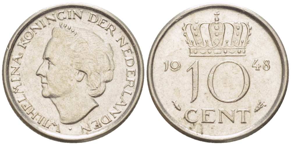 Нидерланды 10 центов 1948 Вильгельмина (1895-1948) KM 177 никель 3309-349