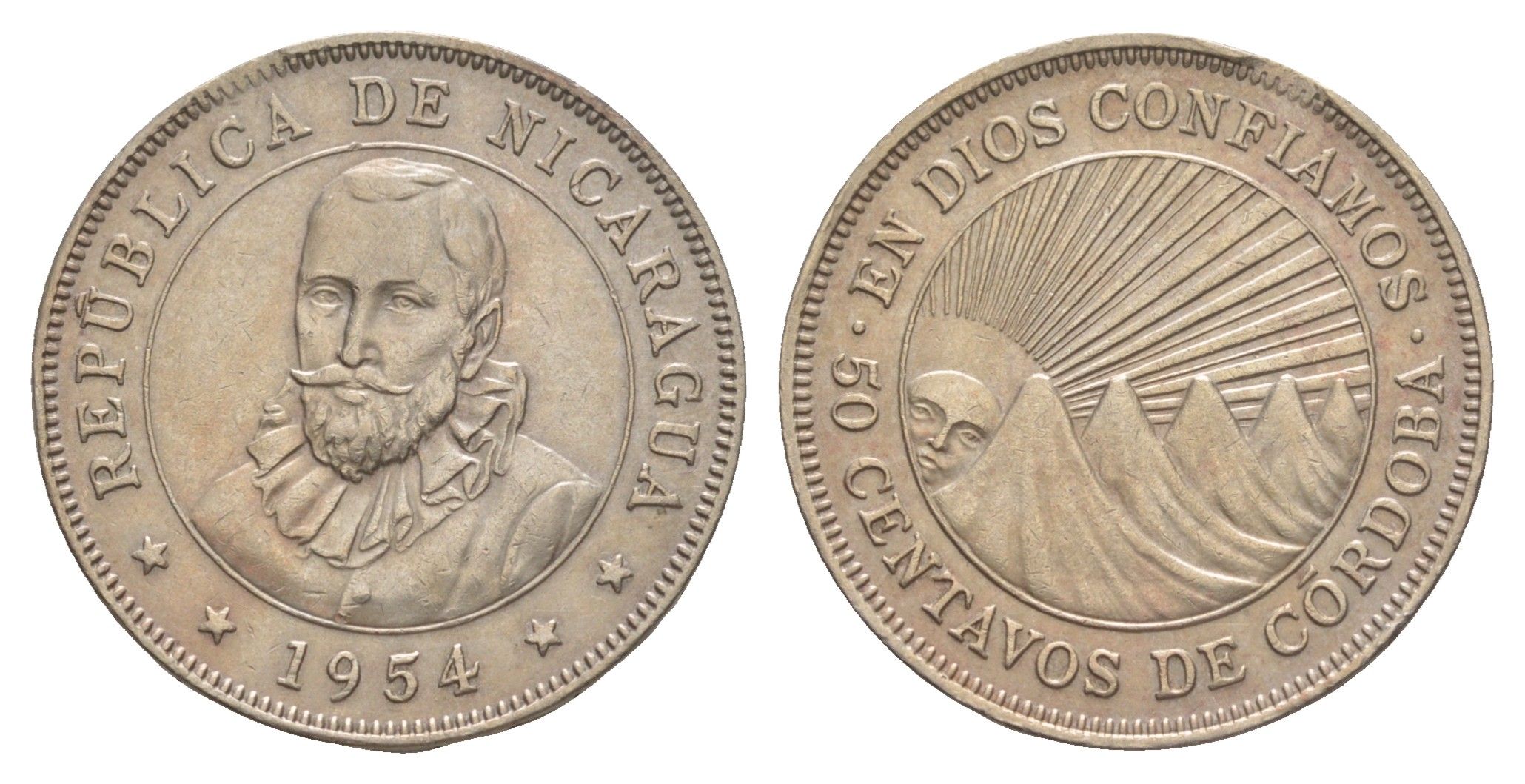 Никарагуа 50 сентаво 1954 KM 19.1 медно-никель aUNC 1528-1334