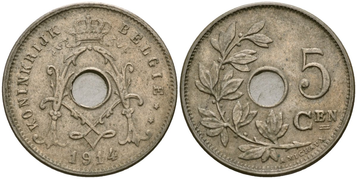 Бельгия 5 сантимов 1914 Belgie KM 67 медно-никель 4136-515
