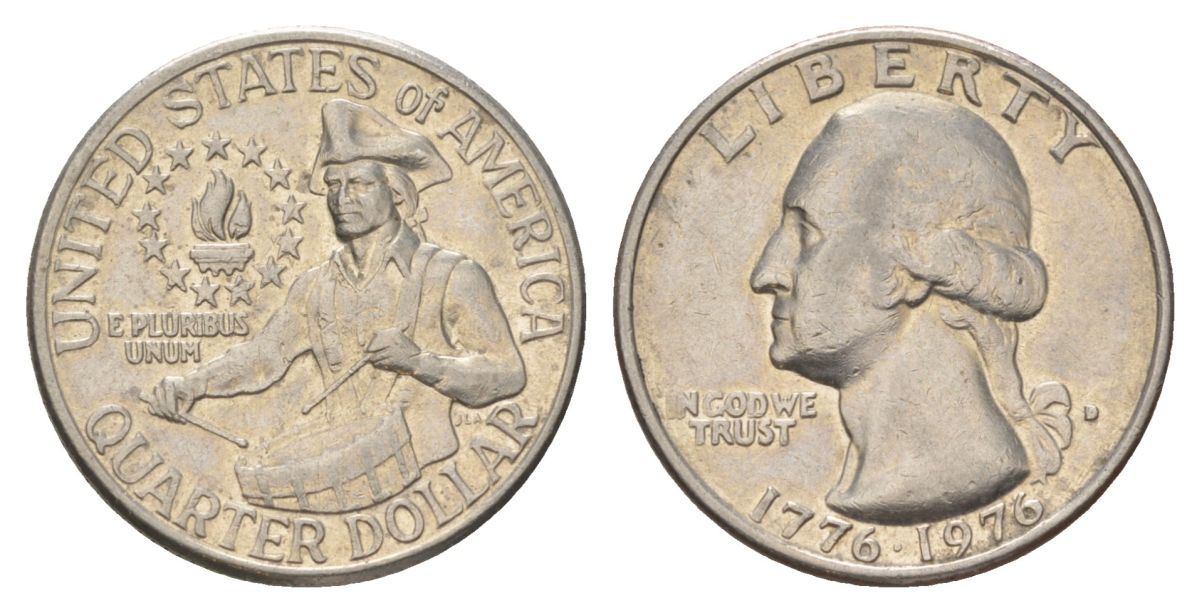 США 25 центов (квотер, 1/4 доллара) 1976 D, 200 лет независимости (1776-1976), Вашингтон, барабанщик KM 204 медь плакированный медно-никелем 4628-1112
