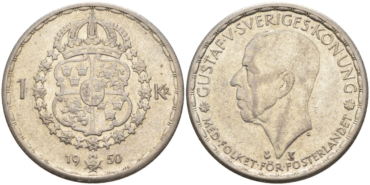 Швеция 1 крона 1950 TS, Густав VI Адольф (1950-1973) KM 814 серебро 4148-1126