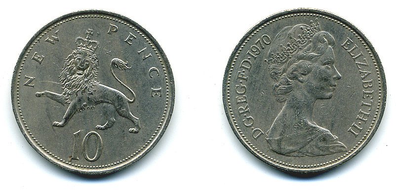 Великобритания 10 пенсов 1970 Елизавета II (1952-2022) KM 912, Spink 4231 (F1) медно-никель  4110-1236