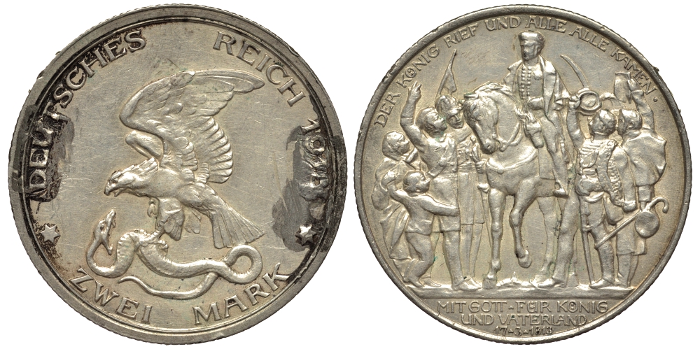 Пруссия 2 марки 1913 A, Вильгельм II (1888-1918), 100 лет победы над Наполеоном J.109, Weege 109, KM 532 серебро 1519-633