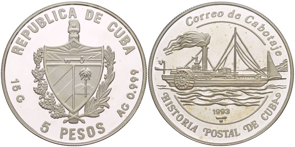 Куба 5 песо 1993 история почтовых пароходов Кубы, толстые буквы и венок, "9" в дате с загнутым хвостиком KM 524.3 серебро  PROOF  1087-5-14
