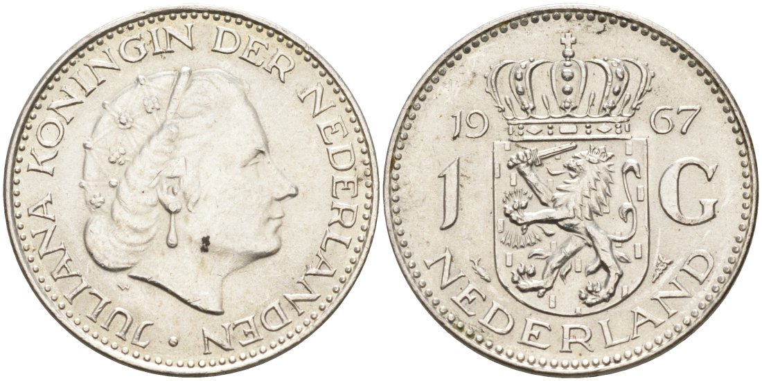 Нидерланды 1 гульден 1967 Юлиана (1948-1980) KM 184 серебро 210-527