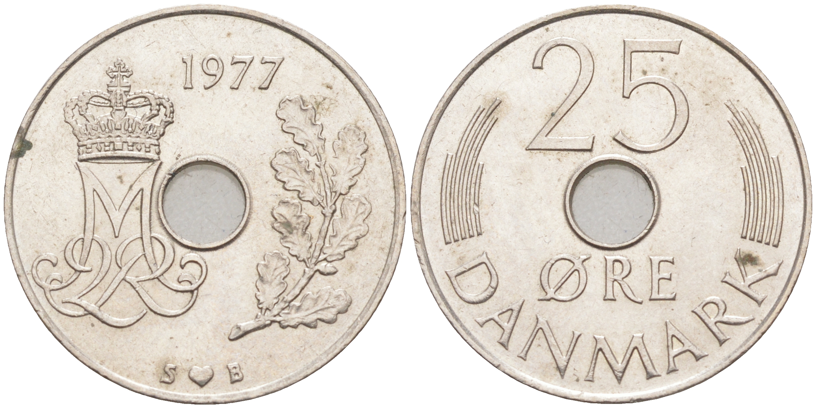 ДАНИЯ 25 ЭРЕ 1977 S; B, МАРГРЕТЕ II (1972-) KM 861.1 медно-никель 98-723