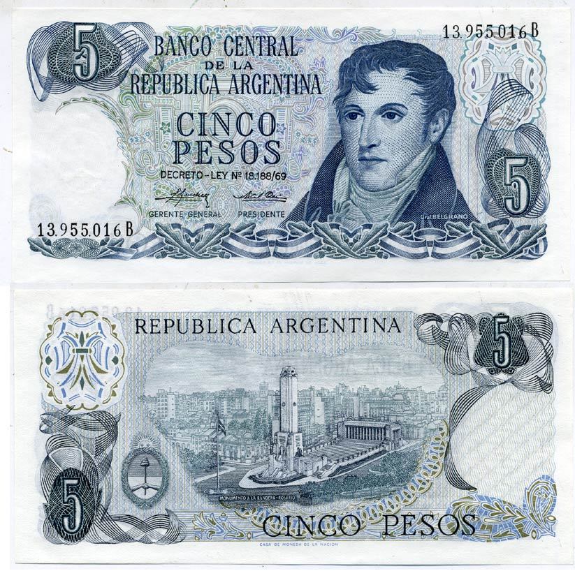 АРГЕНТИНА 5 ПЕСО 1975 СЕРИЯ В 13955, МАНУЭЛЬ БЕЛЬГРАНО Pick 294 бумага UNC (ПРЕСС) 7485-23-1