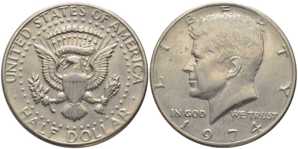 США 1/2 доллара (50 центов) 1974 Джон Кеннеди KM 202b медь плакированная медно-никелем 109-1025