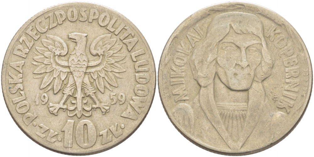 ПОЛЬША 10 ЗЛОТЫХ 1959 НИКОЛАЙ КОПЕРНИК KM 51 медно-никель 4403-533