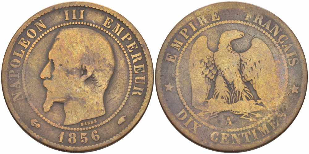 Франция 10 сантимов 1856 A, Наполеон III (1852-1870) KM 771.1, Le Franc 133.32 бронза    4680-614