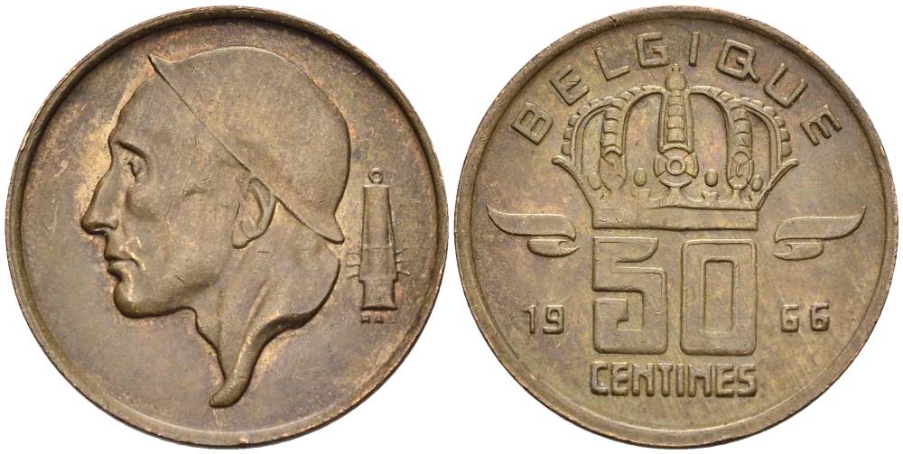 БЕЛЬГИЯ 50 САНТИМОВ 1966 BELGIQUE KM 148.1 бронза 4528-933