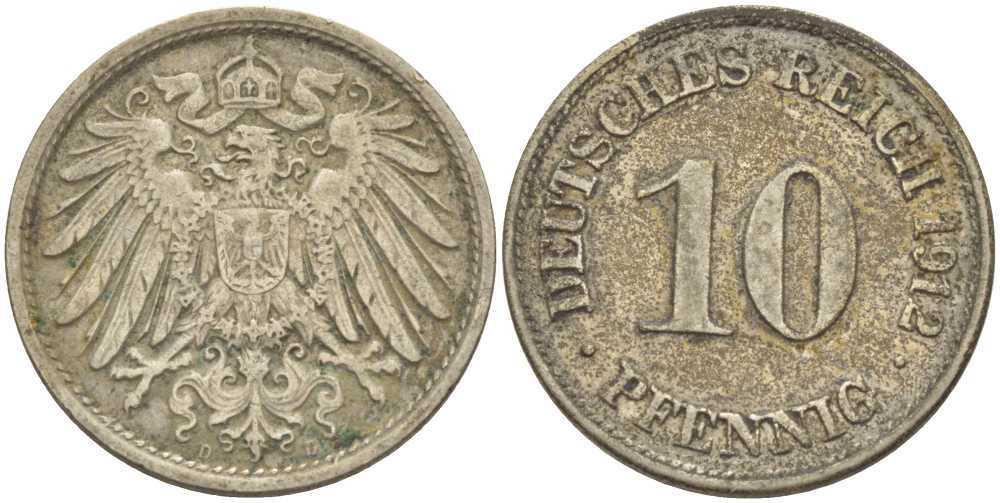 ГЕРМАНИЯ 10 ПФЕННИГОВ 1912 D KM 12, J. 13, Weege 8 медно-никель 212-224