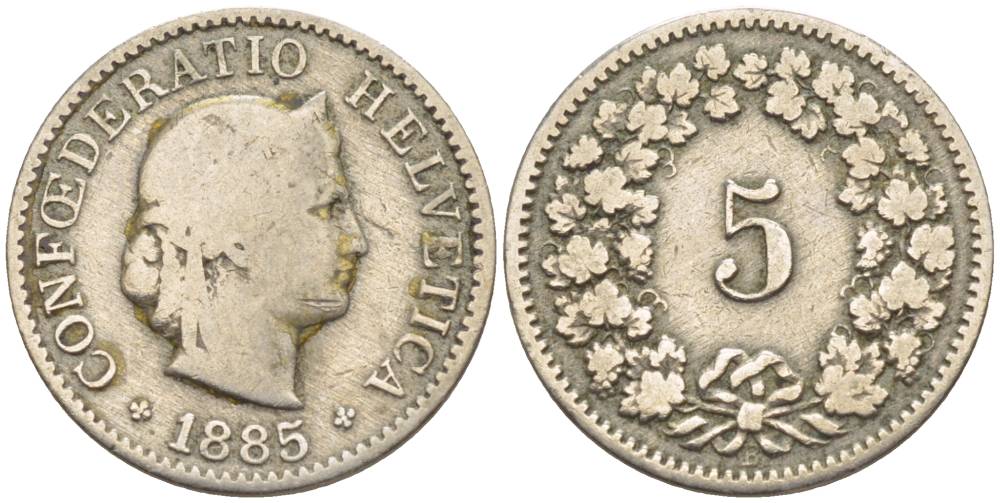 ШВЕЙЦАРИЯ 5 РАППЕНОВ 1885 В KM 26 медно-никель 4532-869