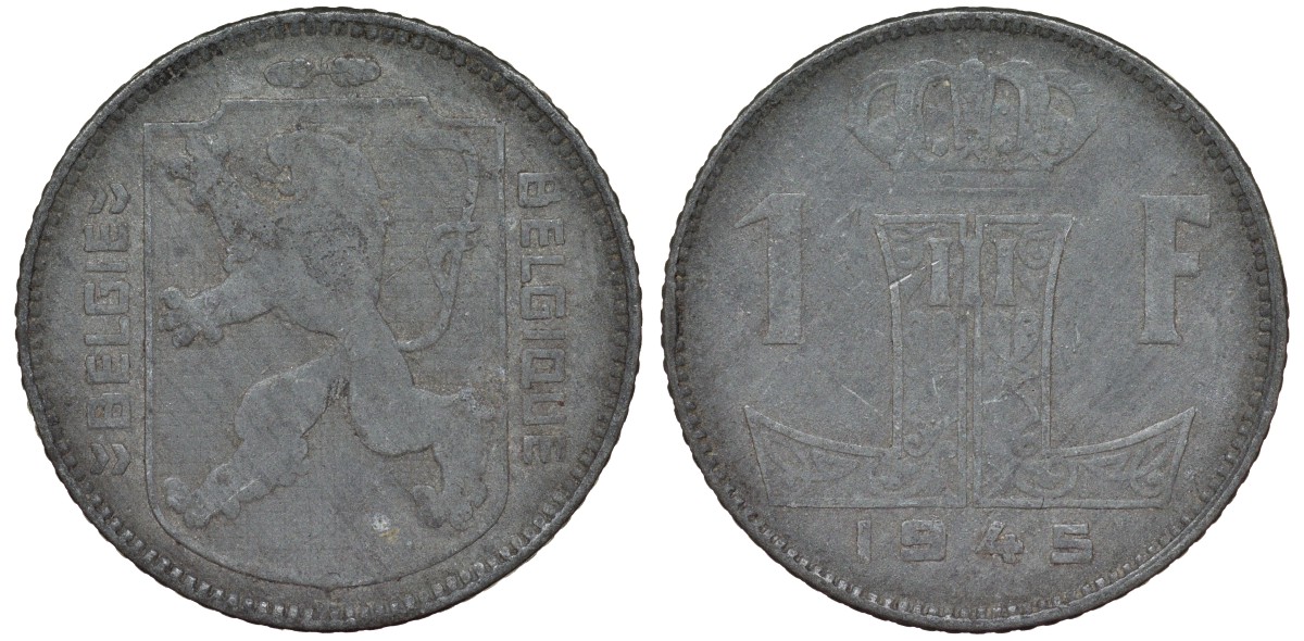 Бельгия 1 франк 1945 Леопольд III, Belgie-Belgique KM 128 цинк 4163-242