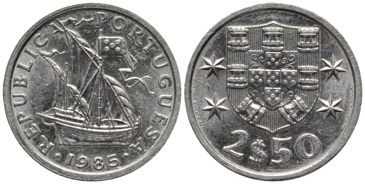 Португалия 2,5 эскудо 1985 парусник KM 590 медно-никель 54-759