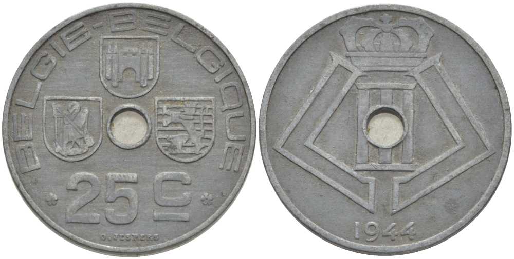 БЕЛЬГИЯ 25 САНТИМОВ 1944 BELGIE-BELGIQUE, ГЕРМАНСКАЯ ОККУПАЦИЯ, ВТОРАЯ МИРОВАЯ ВОЙНА, ЛЕОПОЛЬД III (1934-1950) KM 132 цинк 119-351