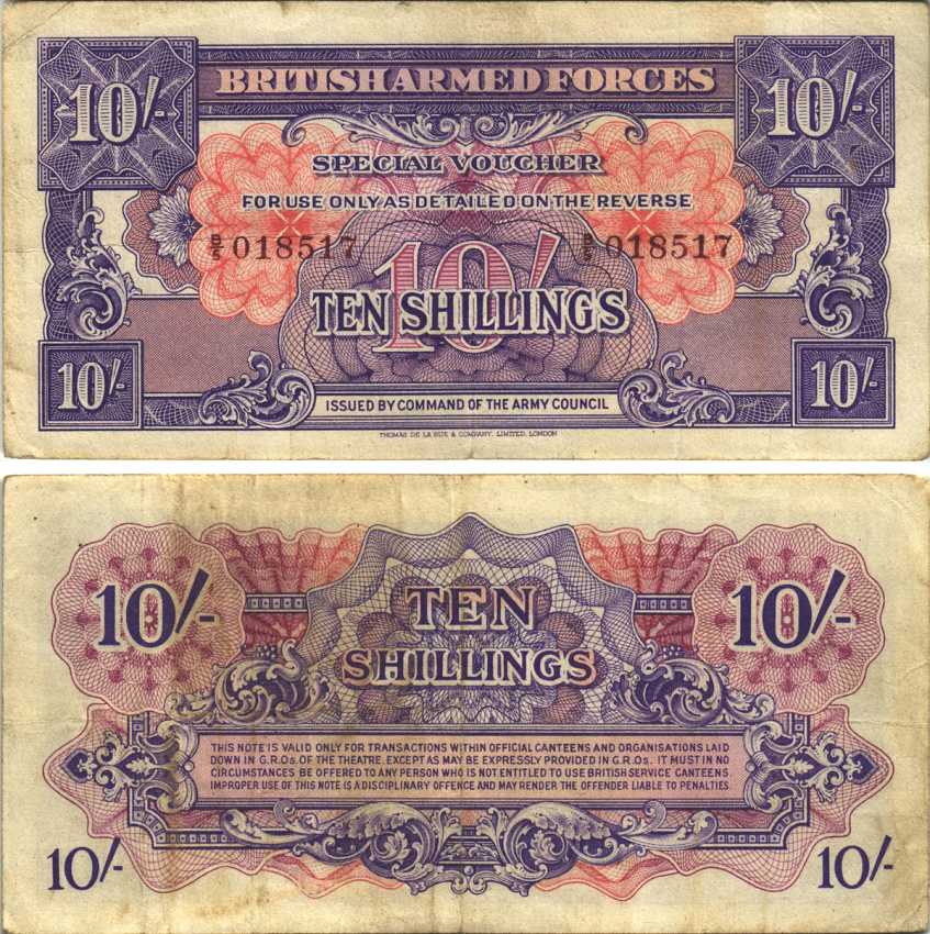 АНГЛИЯ 10 ШИЛЛИНГОВ 1946 ПЕРВАЯ СЕРИЯ, ДЛЯ ВООРУЖЕННЫХ СИЛ, СПЕЦИАЛЬНЫЙ ВАУЧЕР Pick M14a бумага VF 7207-16-3