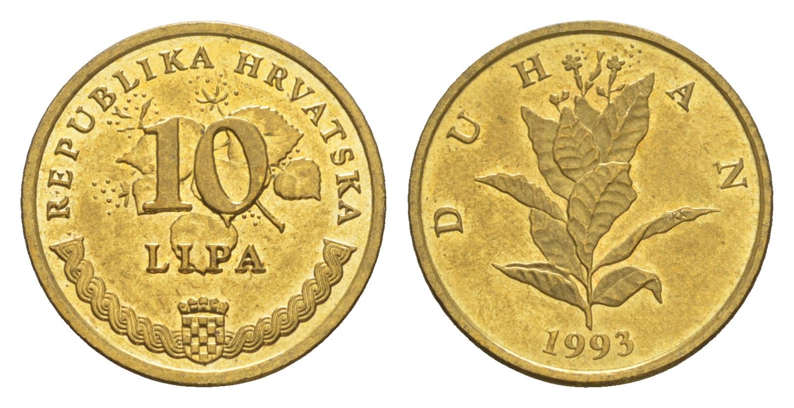 Хорватия 10 лип 1993 табак обыкновенный, нечетный год KM 6 сталь плакированная латунью UNC 3309-365