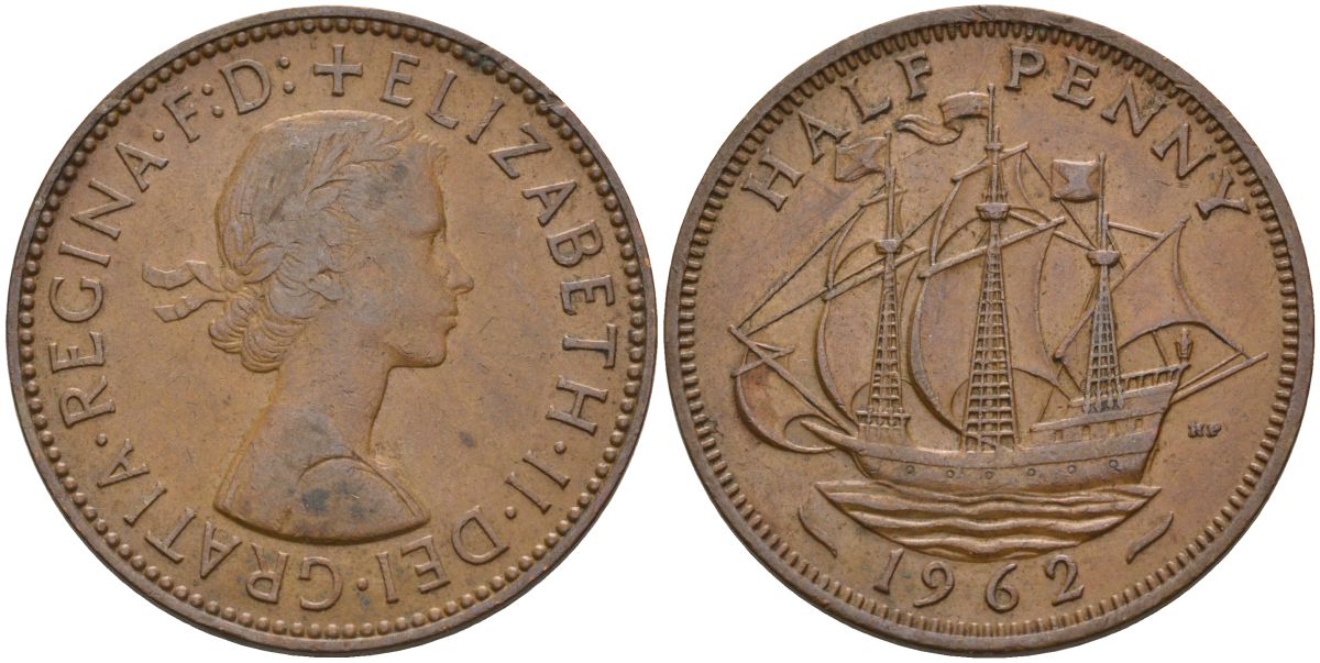 Великобритания 1/2 пенни 1962 Елизавета II (1952-2022) KM 896, Spink 4158 бронза 4153-843