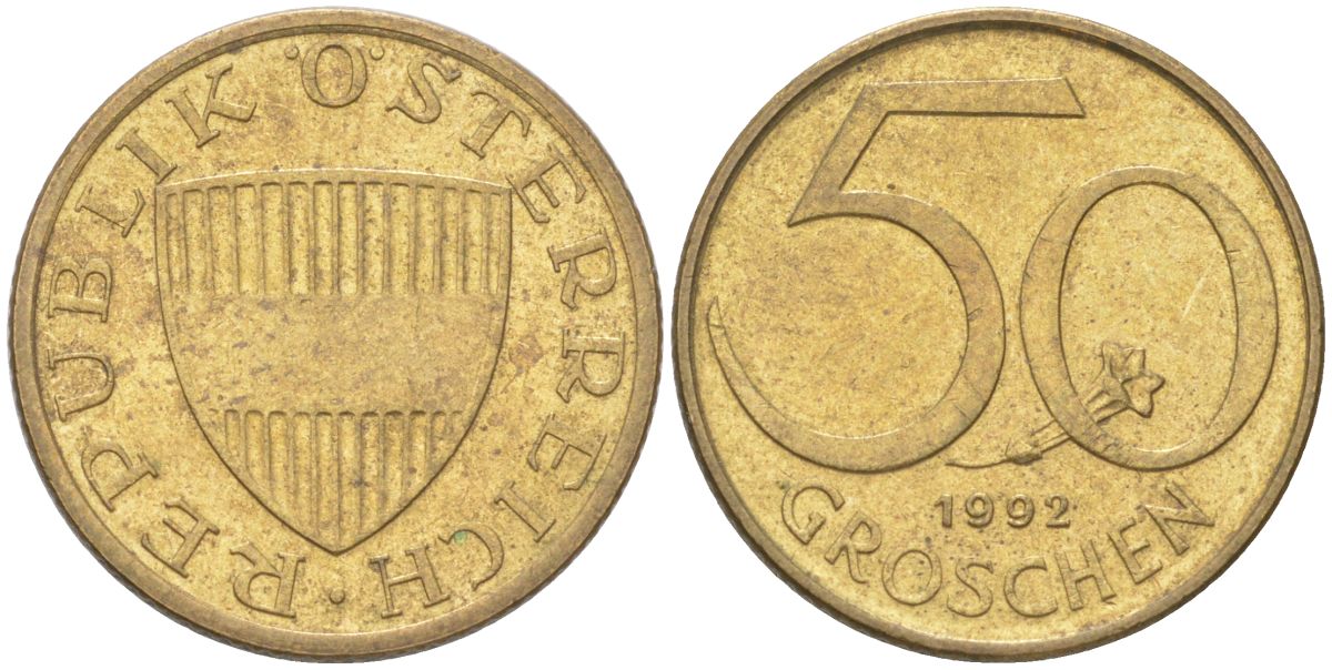 Австрия 50 грошей 1992 KM 2885 алюминиевая бронза 4613-1168