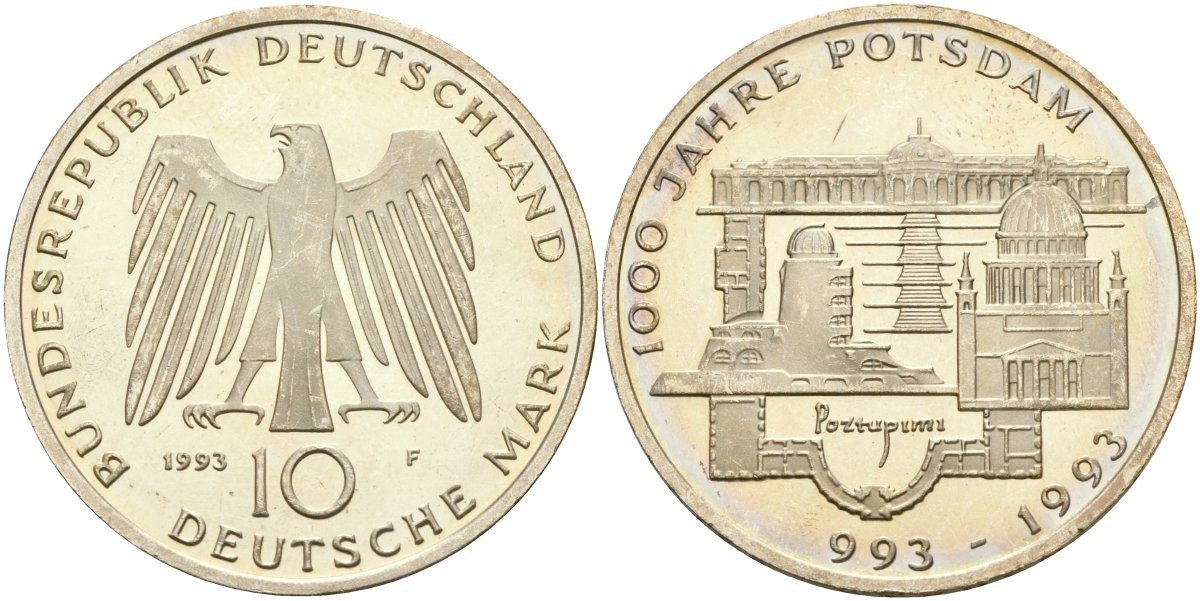 ФРГ 10 марок 1993 F, 1000 лет городу Потсдаму KM 180 серебро UNC 00-00