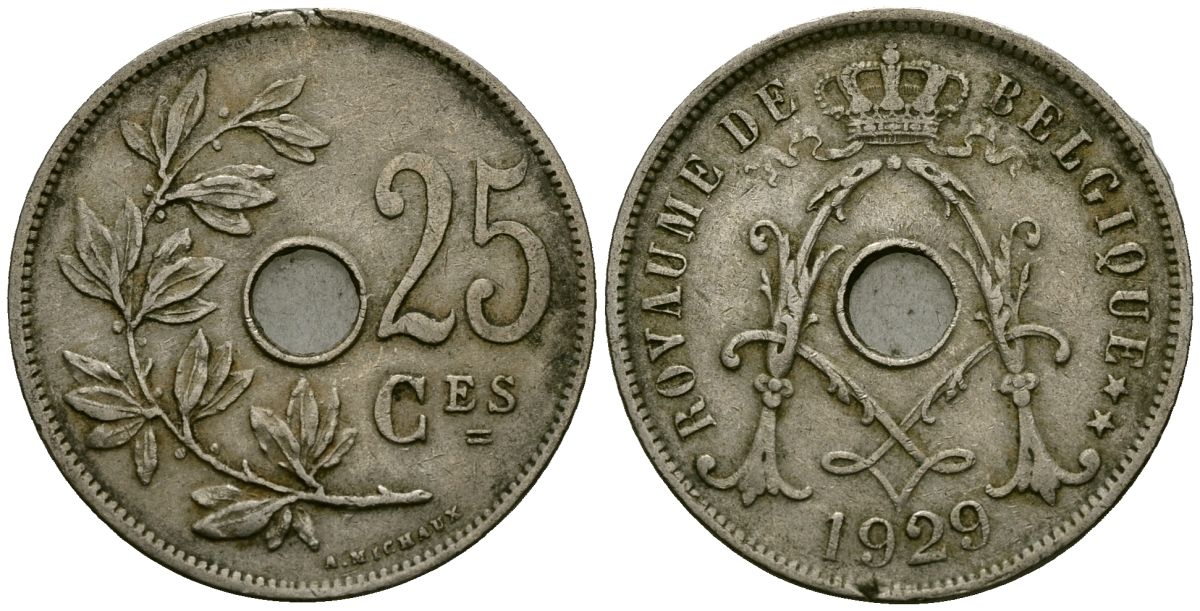Бельгия 25 сантимов 1929 Belgique KM 68 медно-никель 4165-616