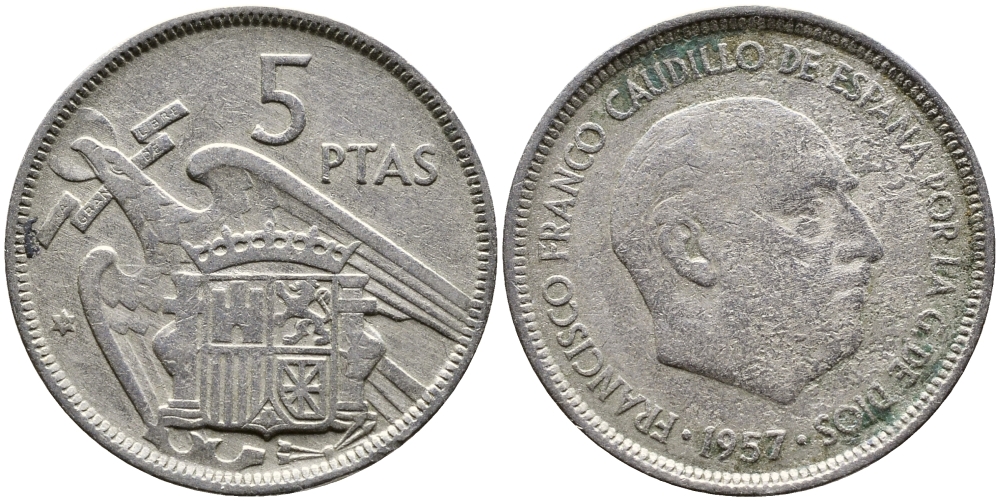 ИСПАНИЯ 5 ПЕСЕТ 1957 (59) ФРАНСИСКО ФРАНКО ДИКТАТОР ИСПАНИИ (1939-1975) KM 786 медно-никель 4384-123