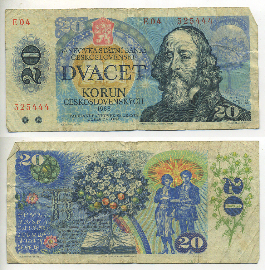 ЧЕХОСЛОВАКИЯ 20 КРОН 1988 СЕРИЯ Е, ЯН АМОС КАМЕНСКИЙ, ДРЕВО ЖИЗНИ Pick 95 бумага 7553-21-1