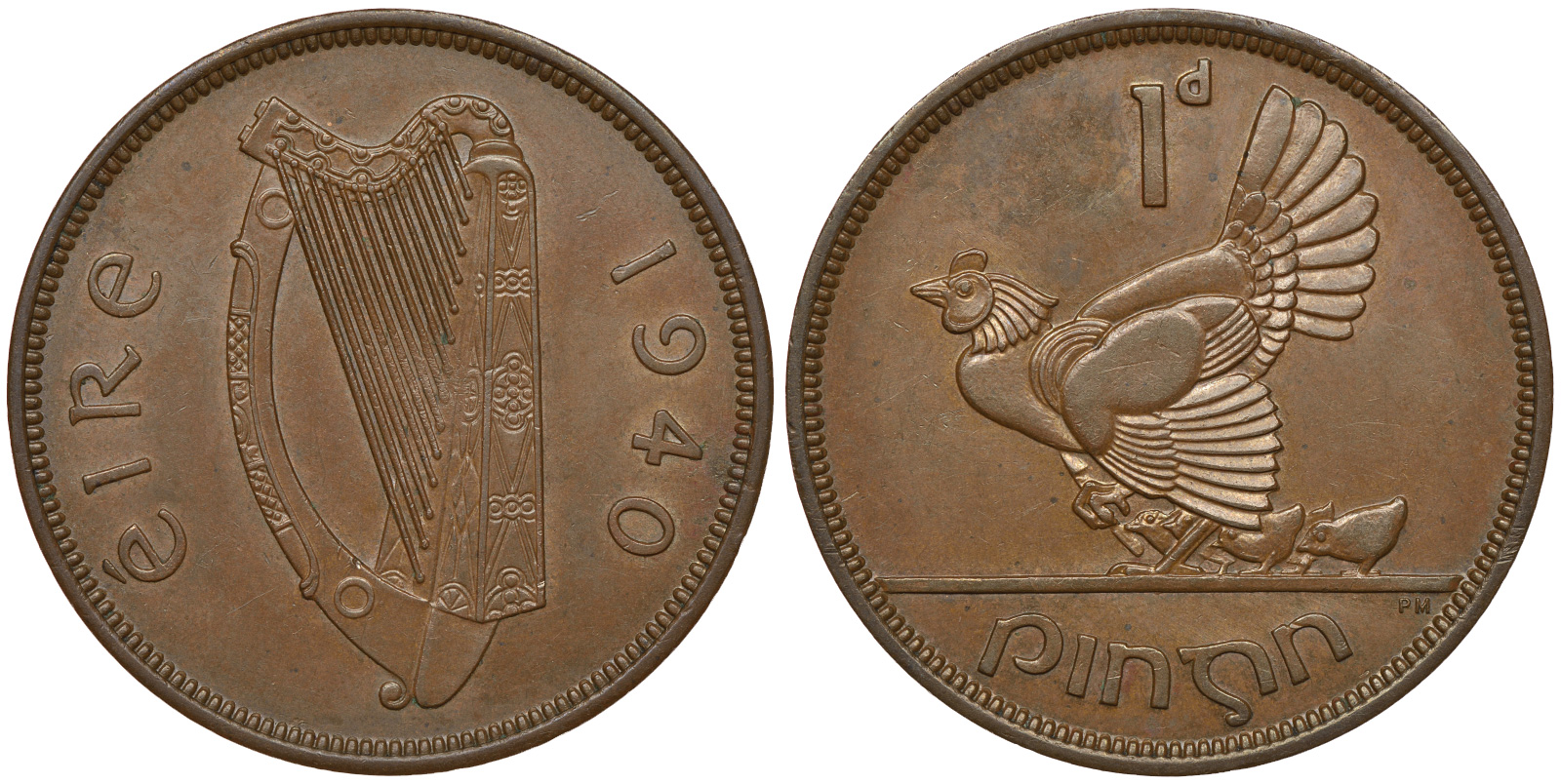 Ирландия 1 пенни 1940 курица с цыплятами KM 11 бронза aUNC 272-1712