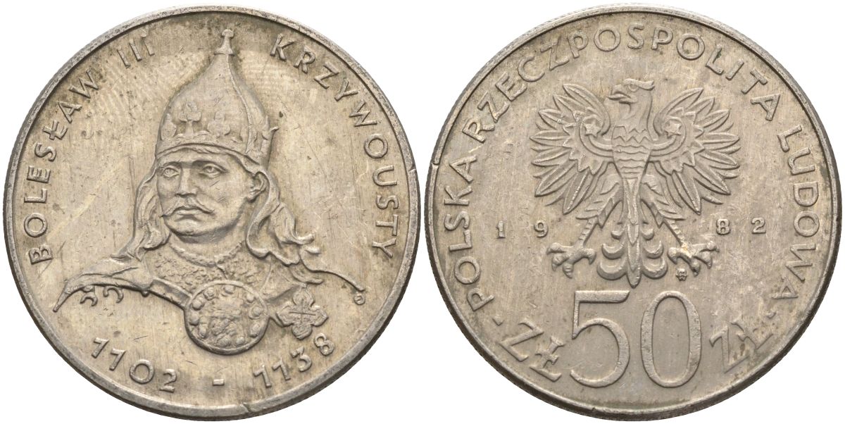 Польша 50 злотых 1982 MW, серия польские правители, Болеслав III Кривоустый (1102-1138) KM 133, ParchImowicz 264 медно-никель 4162-821