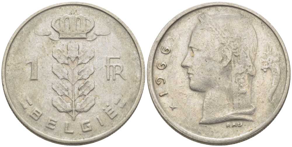 БЕЛЬГИЯ 1 ФРАНК 1966 BELGIE, БОДУЭН I (1951-1993) KM 143.1 медно-никель 119-612