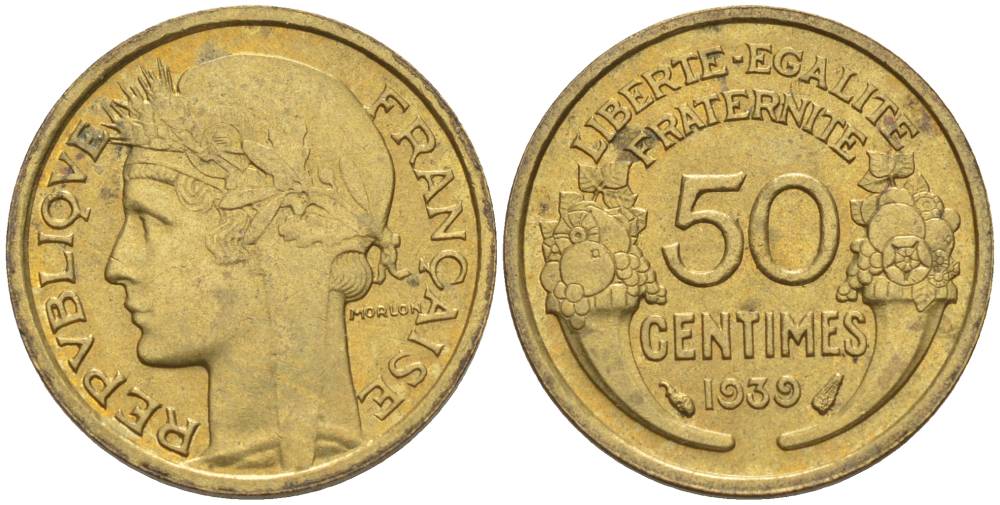 ФРАНЦИЯ 50 САНТИМОВ 1939 ТИП MORLON KM 894.1, LE FRANC 192.15 алюминиевая бронза 44-816