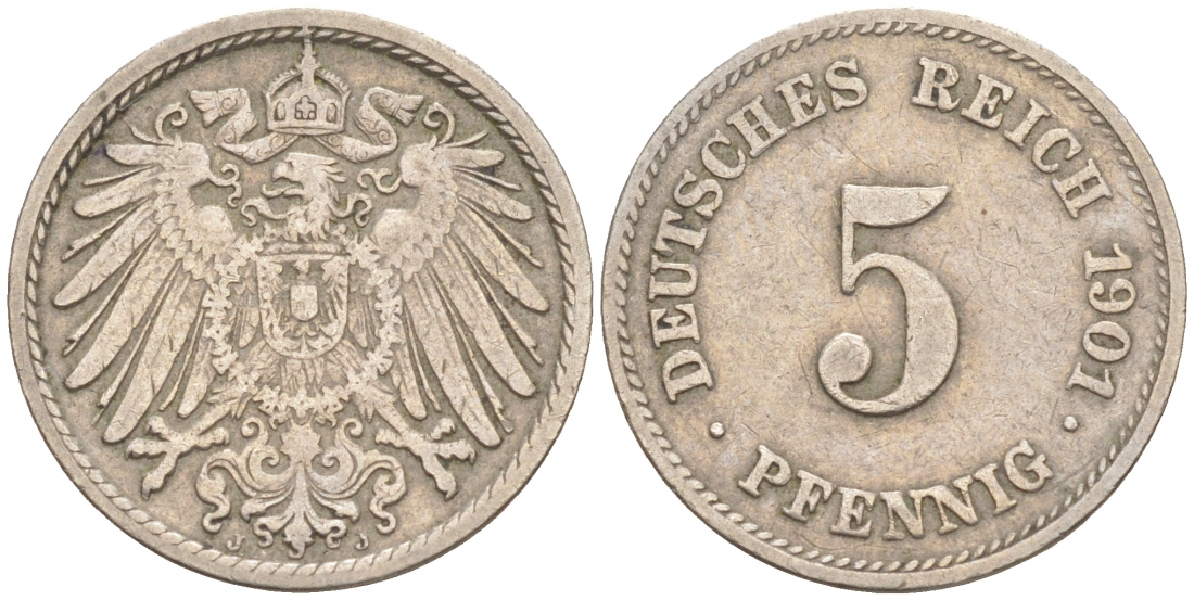 ГЕРМАНИЯ 5 ПФЕННИГОВ 1901 J, KM 11, J. 12 медно-никель 73-667