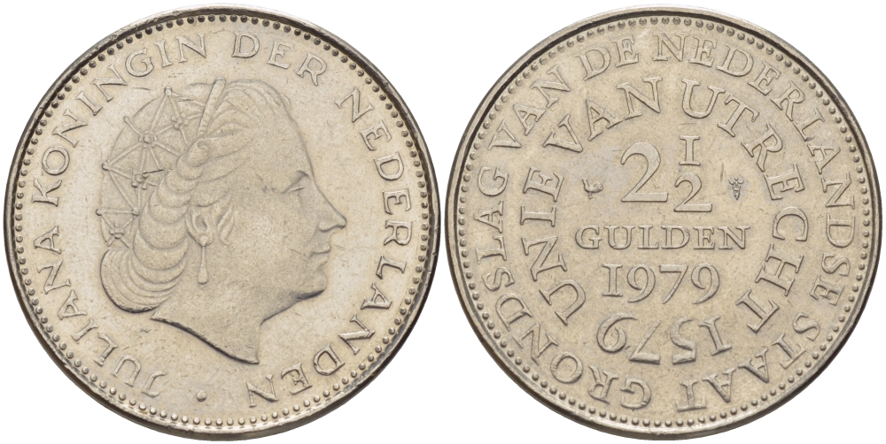 Нидерланды 2 1/2 гульдена 1979 400 лет Утрехтскому союзу, Юлиана (1949-1980) KM 197 никель 38-111