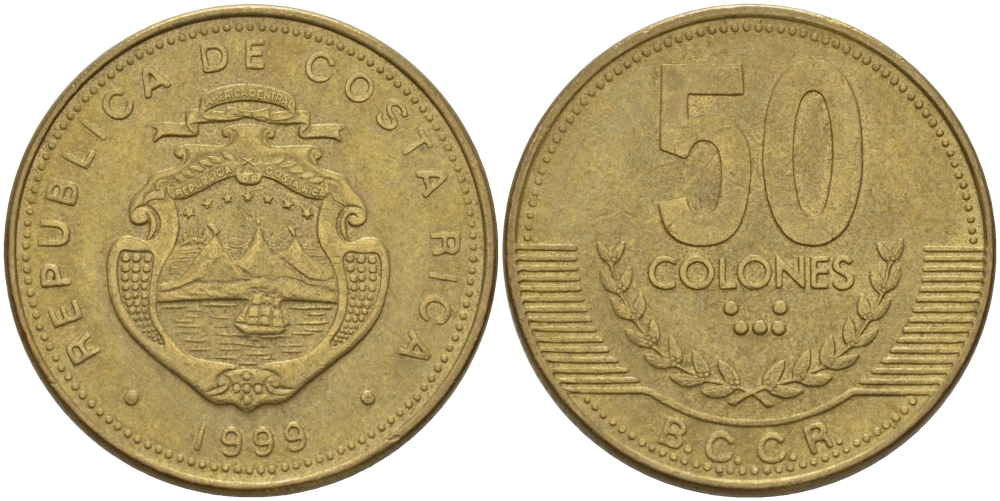 КОСТА-РИКА 50 КОЛОН 1999 KM 231.1 латунь 82-216