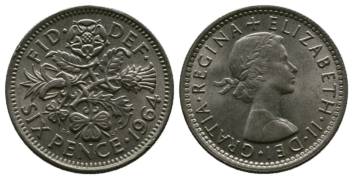 Великобритания 6 пенсов 1964 Елизавета II (1952-2022) KM 903, Spink 4149 медно-никель 4381-825